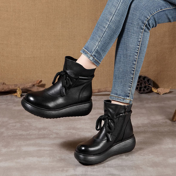 Women's Leather Ankle Boots - Platform Chunky Heel  Booties, Zipper Lace-up Fall Winter Shoes