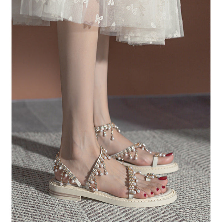 Women's Pearl Rhinestone Embellished Bohemian Flat Sandals