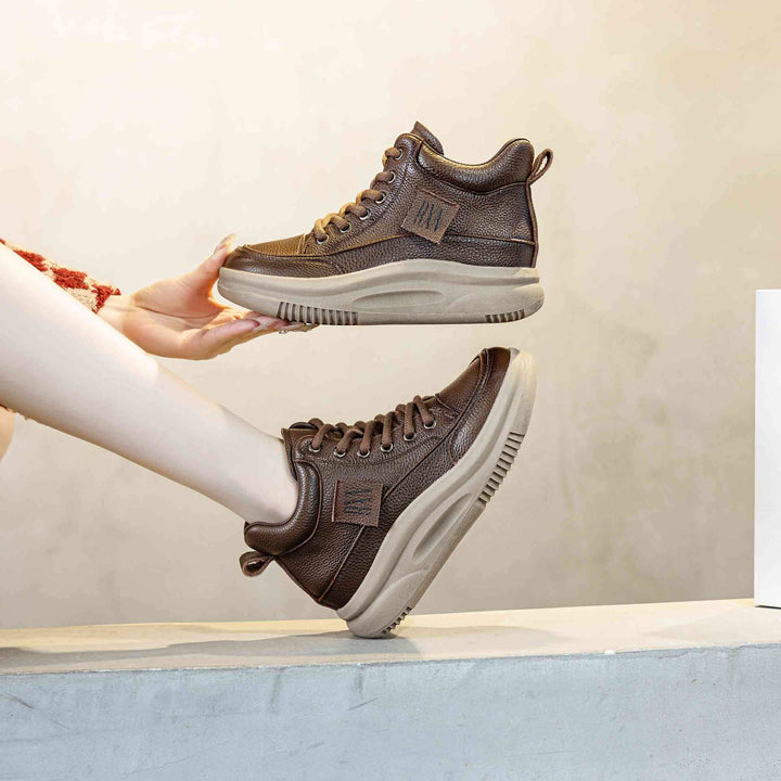 Women's Leather Lace-up Casual Platform Walking Shoes High-top Sneakers