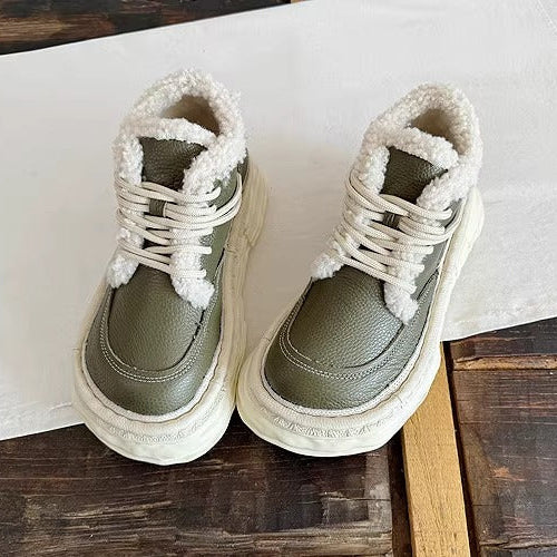 Women's Winter Chunky Leather Lace-Up Shoes – Fleece-Lined & Ugly-Cute Design
