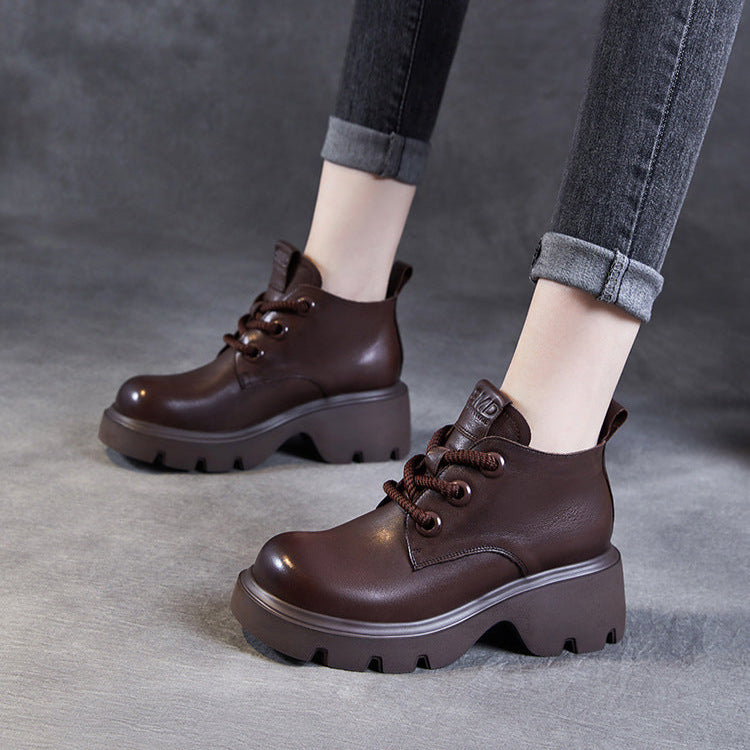 Women's Retro Genuine Leather Platform Lace-Up Chunky Boots