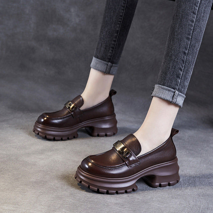 Women's Genuine Leather Platform Loafers - Chunky Heel with Metallic Hardware Details
