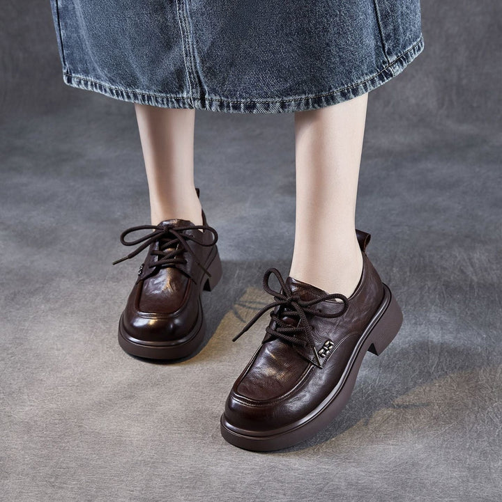 Women’s Leather Round Toe Lace-Up Loafers – Textured Luxury Style