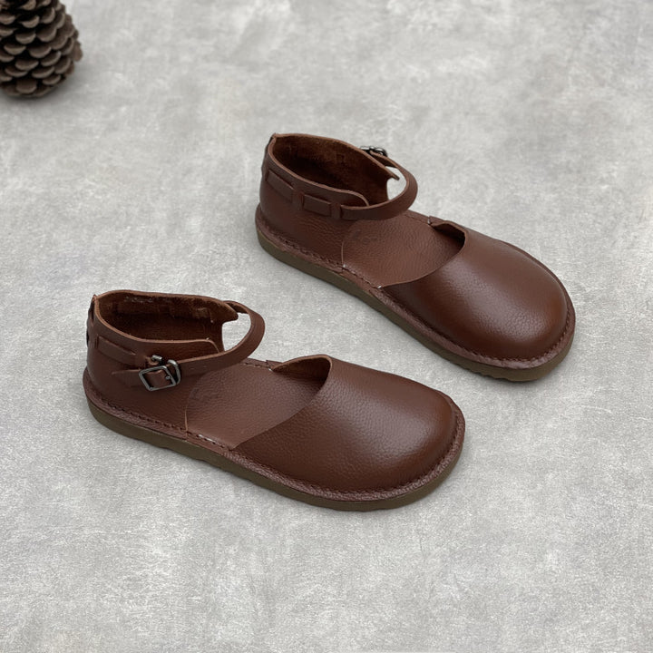 Women's Soft Leather Mary Janes - Round Toe Adjustable Ankle Buckle Strap Flat Sandals Casual Walking Shoes
