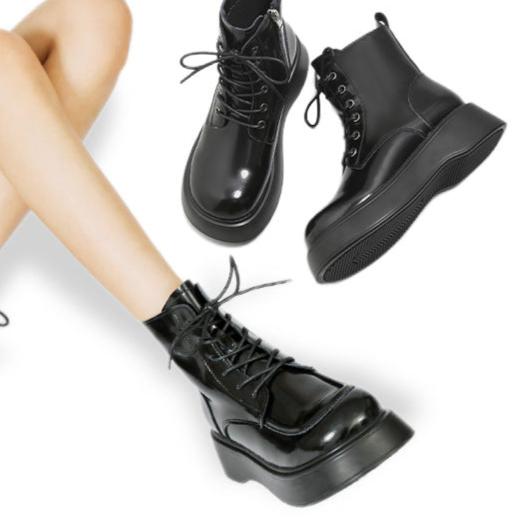 Women's Square Toe Lace-Up Thick Sole Patent Leather Combat Boots