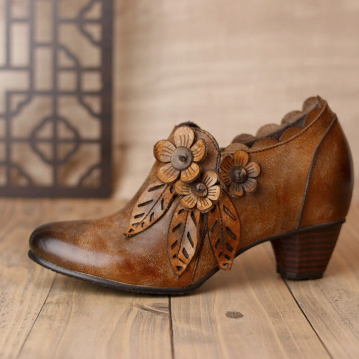 Womens Genuine Leather Heeled Boots Boho Vintage Shoes