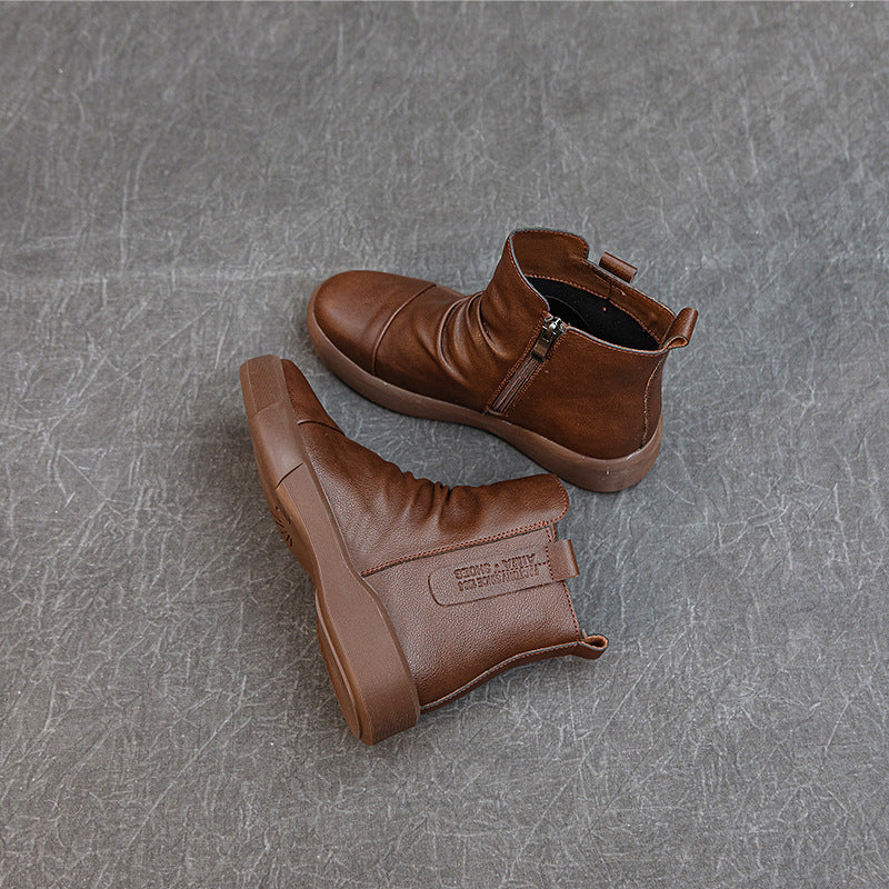 Comfortable Women's Flat Leather Boots – Casual Ruched Ankle Style