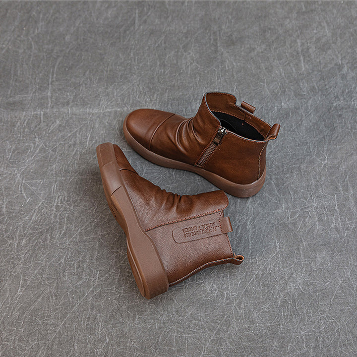 Comfortable Women's Flat Leather Boots – Casual Ruched Ankle Style