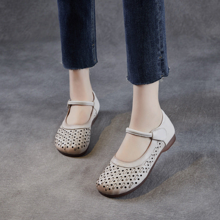 Women's Leather Mary Jane Sandals - Vintage Perforated Cut-Out Closed Round Toe Flat Shoes with Velcro
