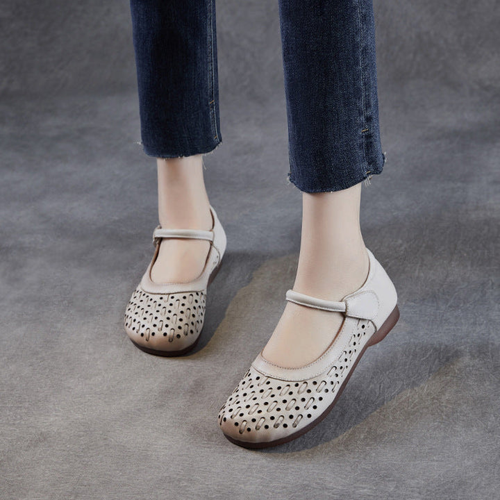 Women's Leather Mary Jane Sandals - Vintage Perforated Cut-Out Closed Round Toe Flat Shoes with Velcro