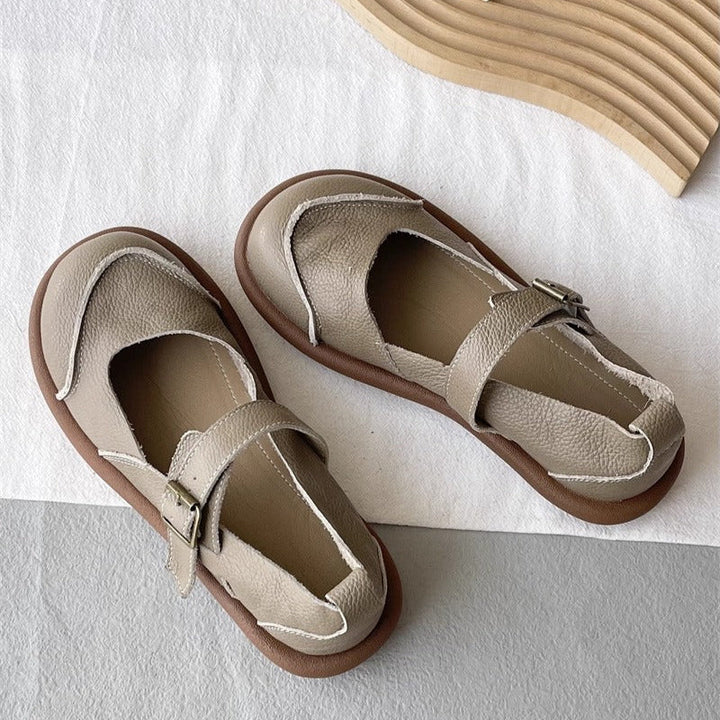 Women's Soft Leather Flat Mary Jane Shoes – Round Toe with Patchwork Design