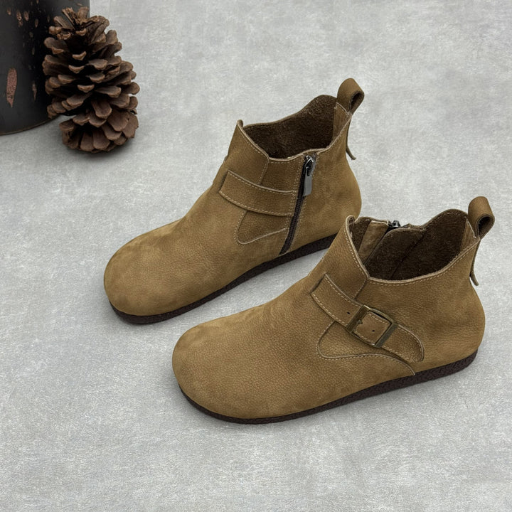 Women's Vintage Top-Grain Leather Ankle Boots Slip On Buckle Strap Flat Booties