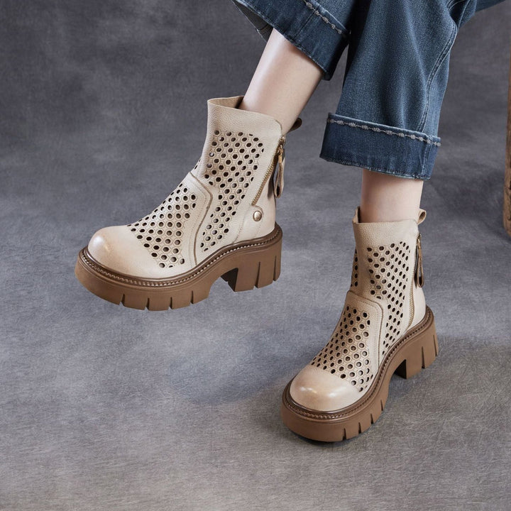 Women’s Retro Leather Cut-Out Ankle Boots – Summer Chunky Block Heel Zip Boots