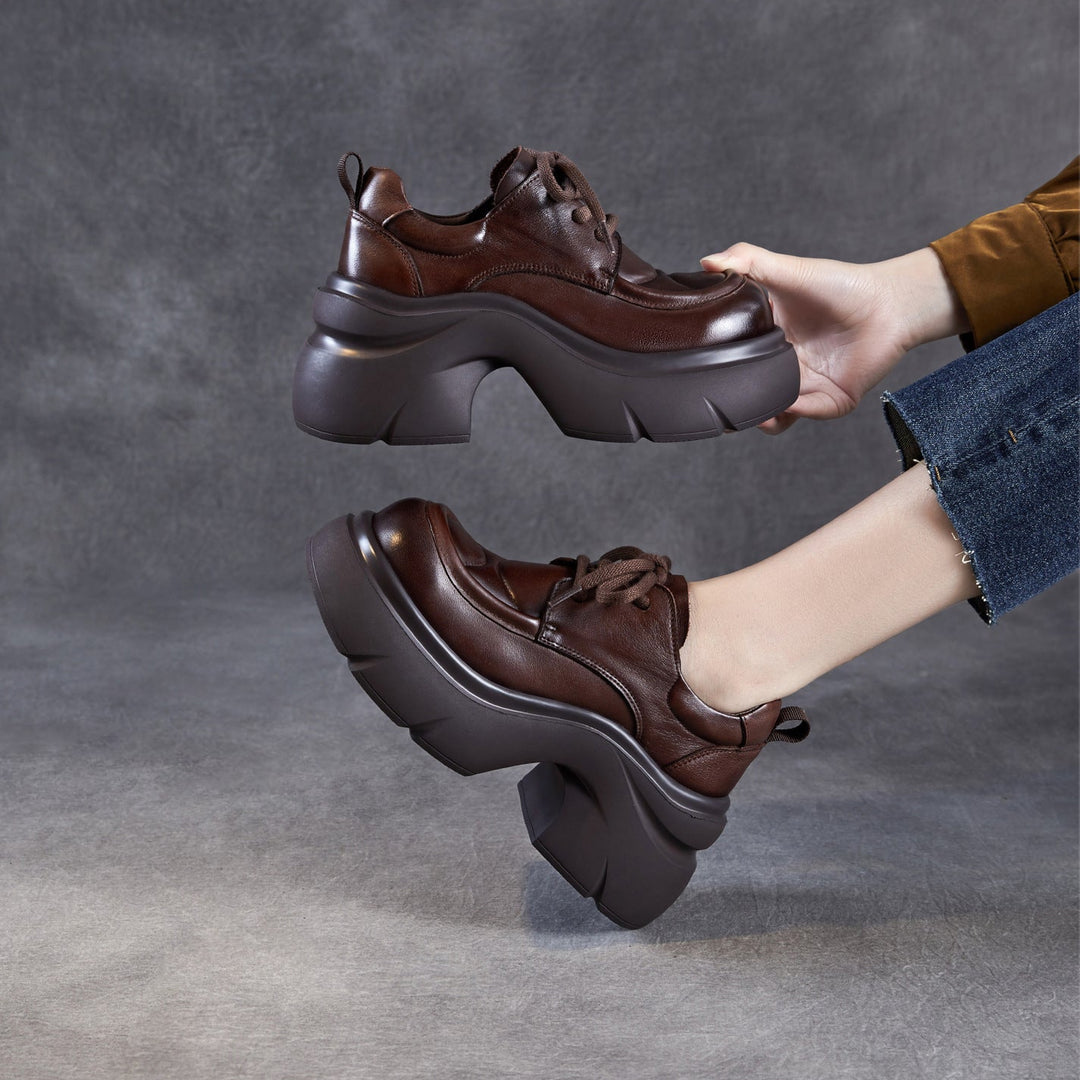 Women's Platform Genuine Leather Oxfords High Chunky Heel Lace Up Casual Shoes