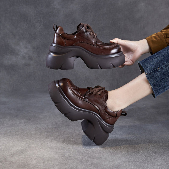 Women's Platform Genuine Leather Oxfords High Chunky Heel Lace Up Casual Shoes