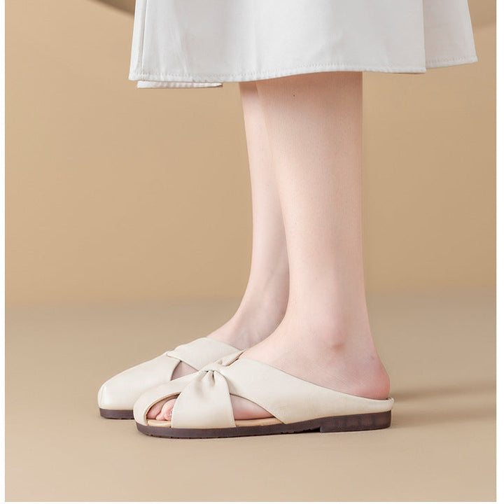 Women's Leather Mules - Closed Round Toe Flat Sandals Casual Slip-On Slides