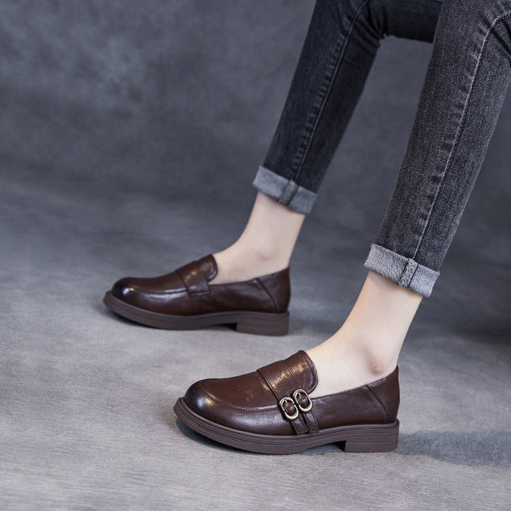 Women’s Leather Slip-On Loafers – Vintage British Low Heel