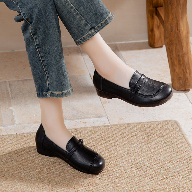 Women's Soft Leather Flats - Vintage Square Toe Drawstring Comfort Walking Shoes