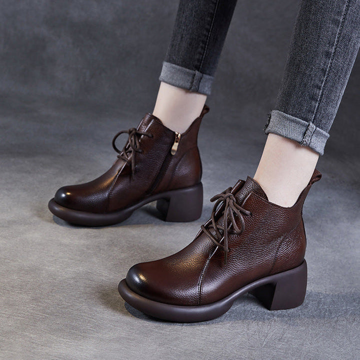 Women's Casual Lace-Up Ankle Boots – Round Toe Block Heel with Side Zipper