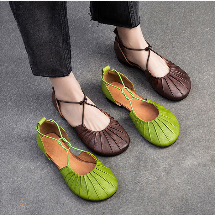 Women's Pleated Cowhide Flats - Summer Breathable Mary Janes - Elastic Cross-Strap