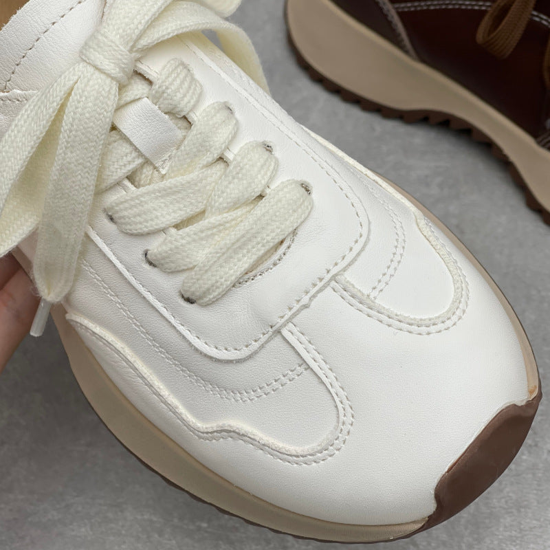 Women’s Retro Leather Chunky Dad Trainers – Round Toe Lace-Up Casual Sneakers