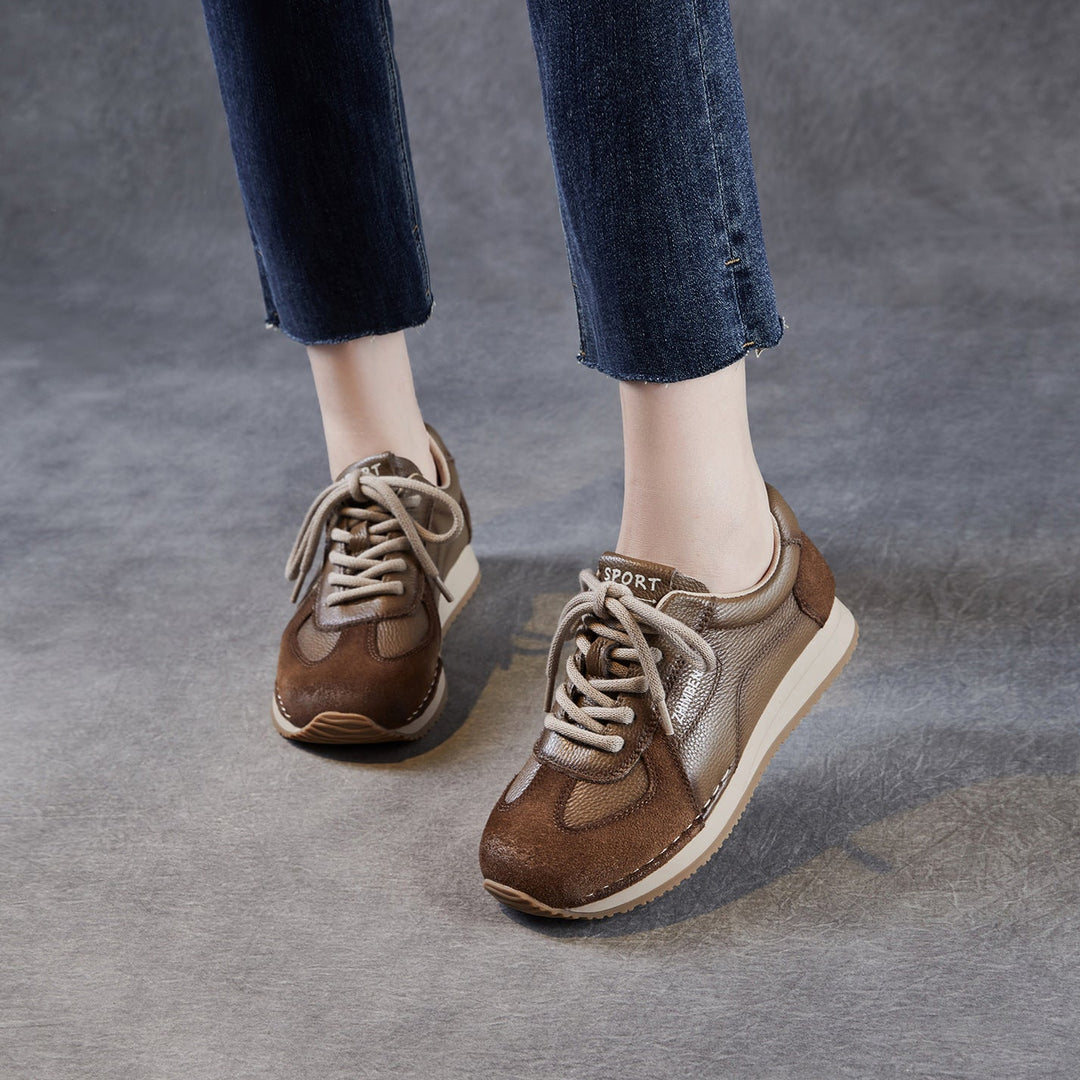 Womens Retro Leather Running Sneakers Vintage Lace-up Low Top Casual Trainers