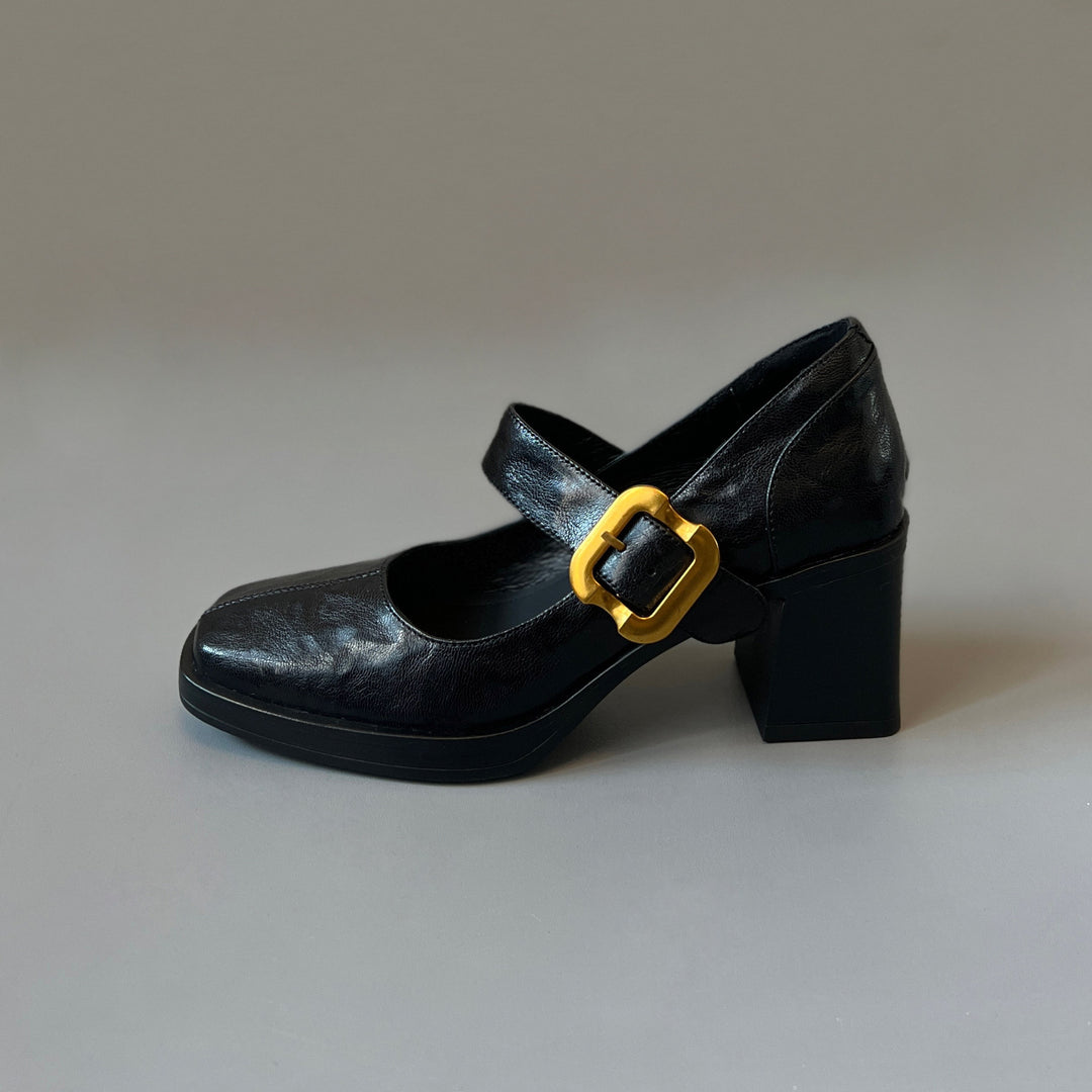 Women's Mary Jane Pumps - Square Toe Gold Buckle High Block Heel Dress Shoes