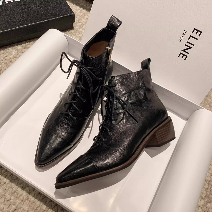 Women's Leather Lace-Up Ankle Boots – Pointed Toe & Block Heel