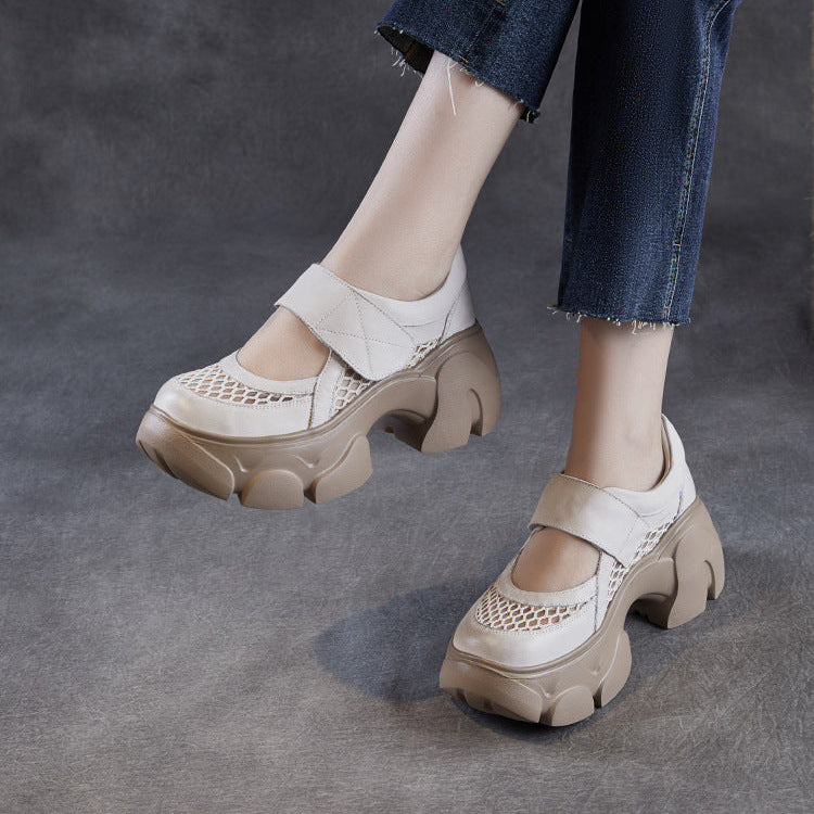 Women's Leather Platform Mary Janes - Mesh Hollow Out Breathable Closed Chunky Sole Sneakers with Velcro