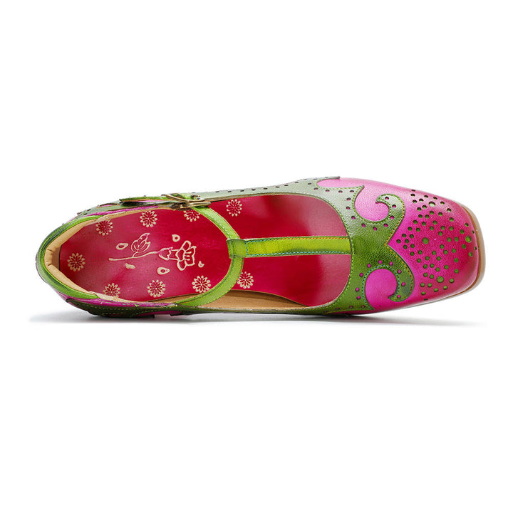 Vibrant Mary Janes for Women - Leather T-Strap Sandals with Floral Artistic Block Heel