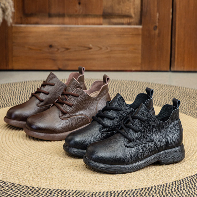 Women's Leather Oxfords - Pebble Grain Textured Round Toe Lace-Up Casual Shoes Comfort Walking Flats