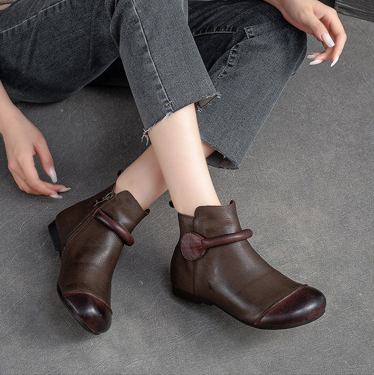 Women's Retro Leather Ankle Boots Vintage Round Toe Velcro Short Booties