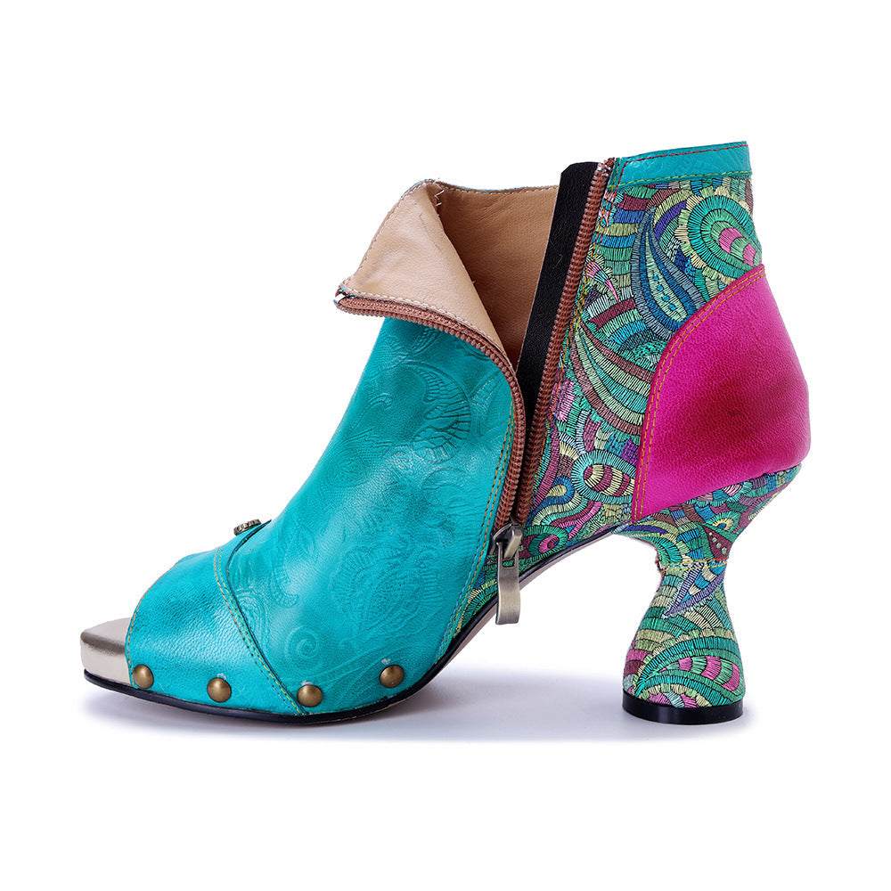 Bohemian Floral Sheepskin Booties for Women - Peep Toe Summer Sandals