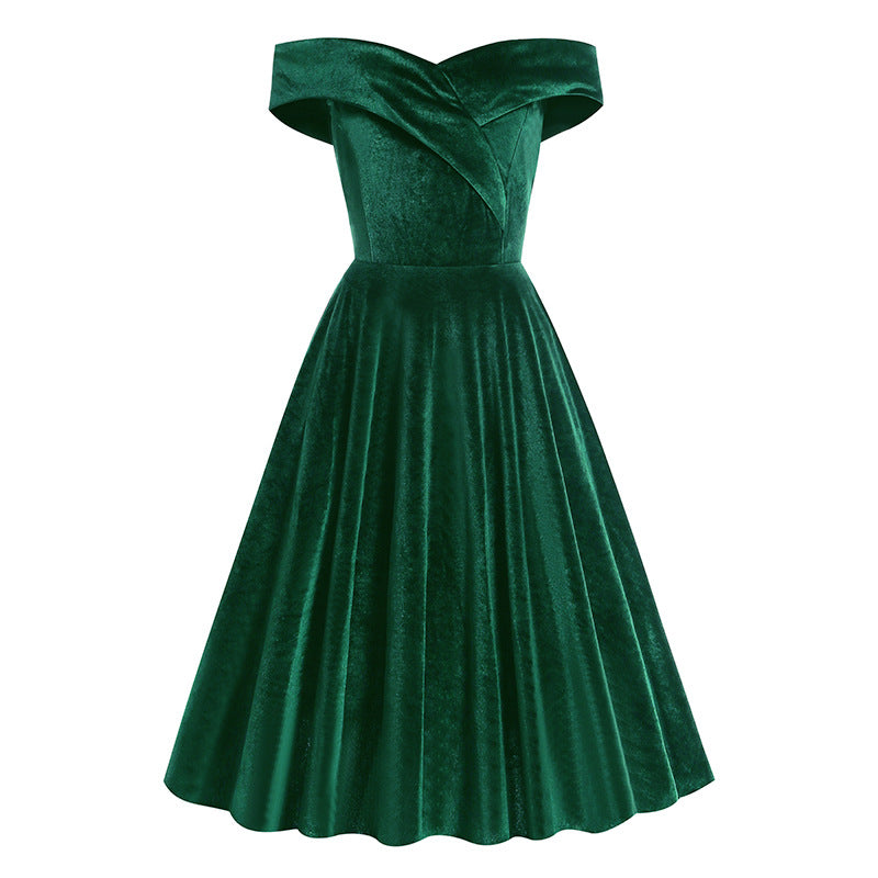 Christmas Green Off Shoulder Velvet Vintage Prom Dress
