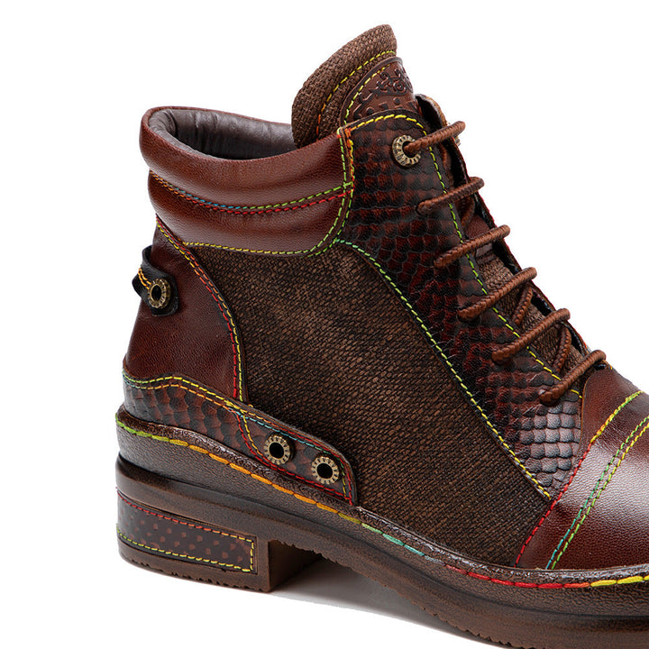 Women's Leather Ankle Boots - Contrast Stitching Flat Lace-up Zipper Boots