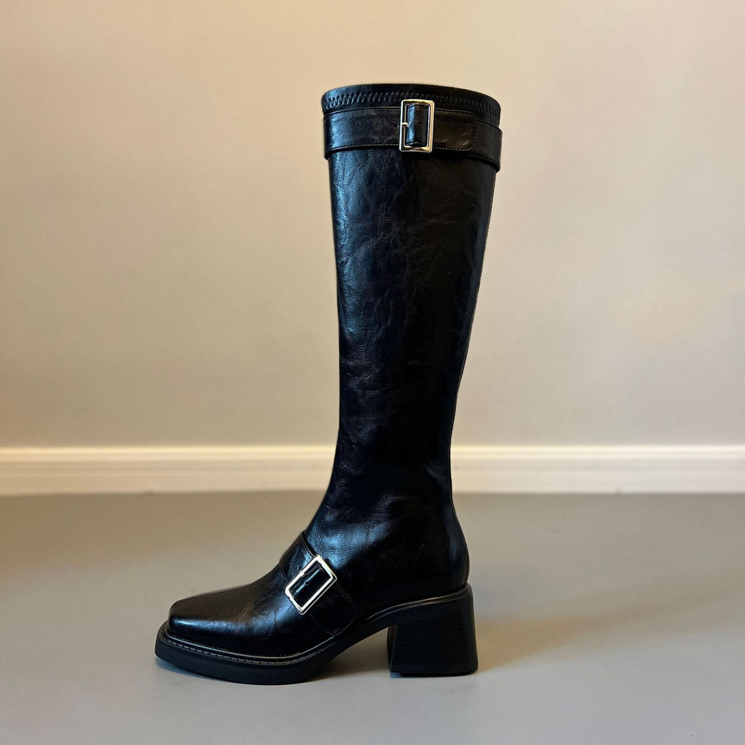 Women's Vintage Knee High Zipper Boots - Square Toe Buckle Strap Chunky Block Heel Riding Boots
