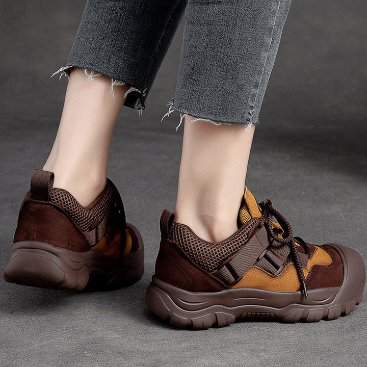 Women's Leather Colorblocking Big Head Lace Up Platform Casual Shoes