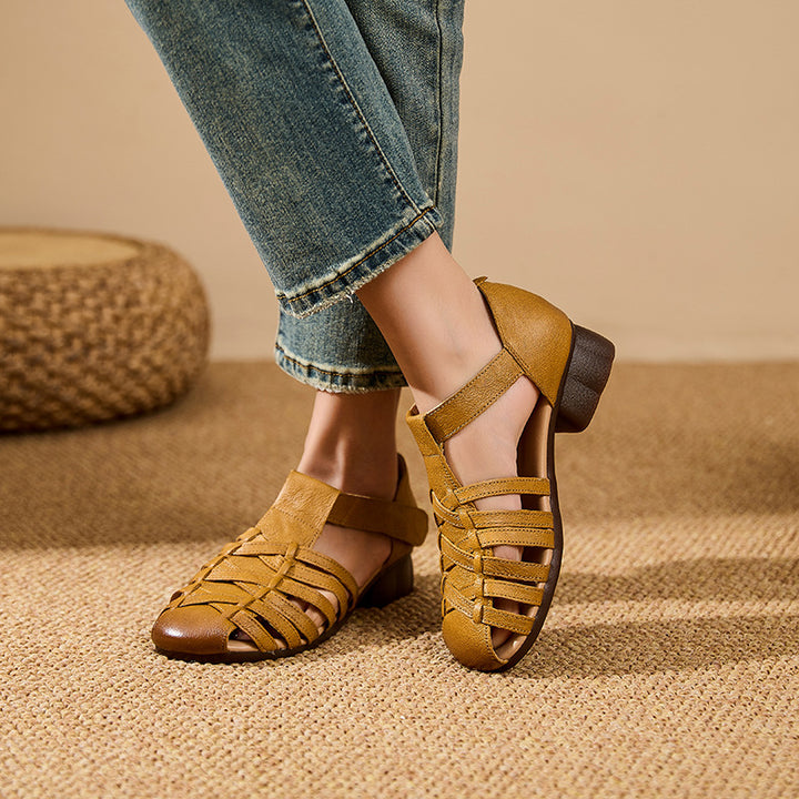 Women's Low Block Heel Fisherman Sandals Velcro Retro Gladiator Woven Strappy Shoes