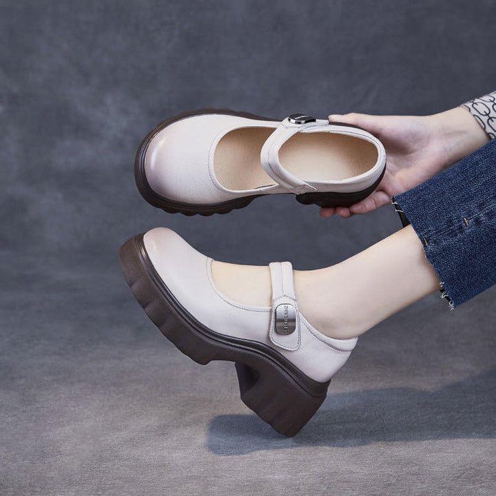 Luxury Leather Mary Janes for Women - Platform Heel with Velcro