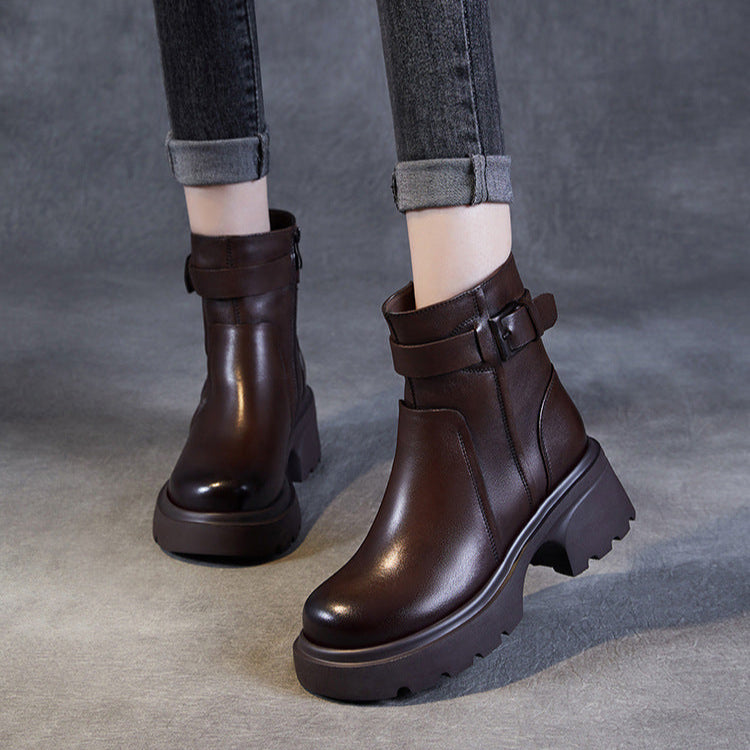 Women's Stylish Genuine Leather Platform Boots – Chunky Heel, Buckle & Side Zip