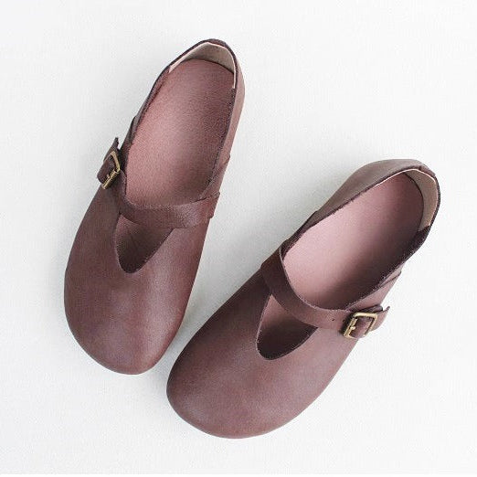 Women's Handmade Breathable Leather Flats – V-cut Mary Jane Shoes