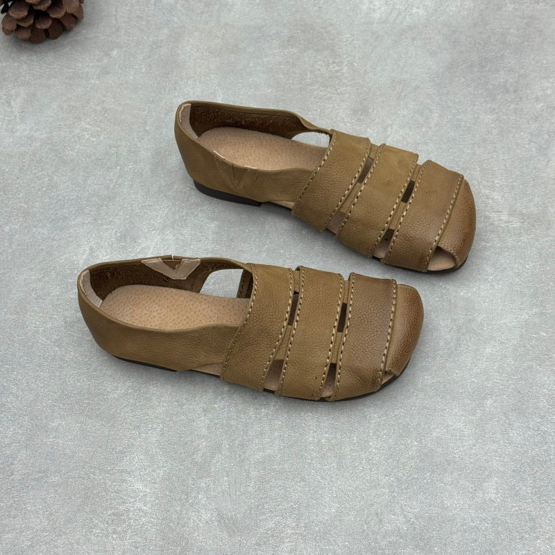 Women's Leather Hollow-Out Fisherman Sandals Casual Summer Retro Square Toe Shoes