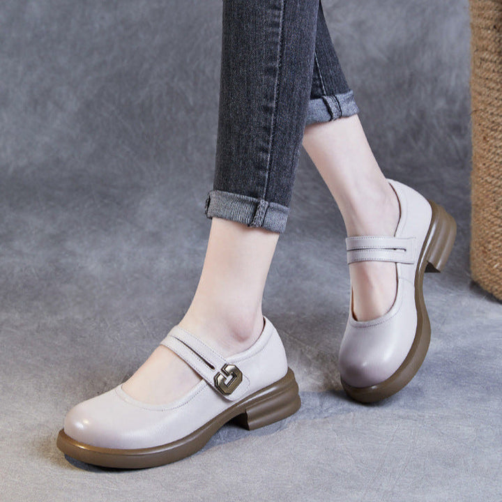 Women's Soft Leather Mary Janes – Round Toe Low Heel with Adjustable Velcro