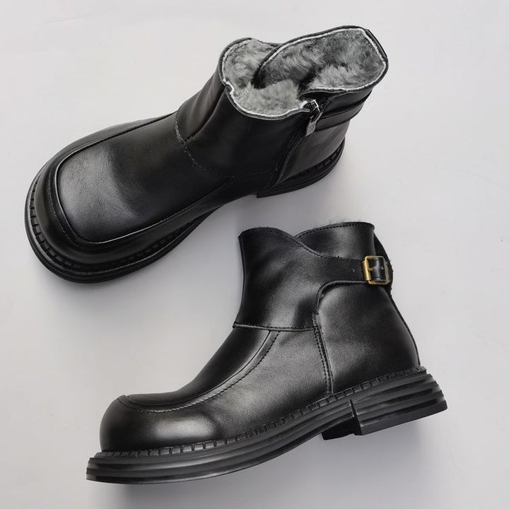 Women's Vintage Wide Toe Leather Derby Boots – Shearling Lined Winter Ankle Boots