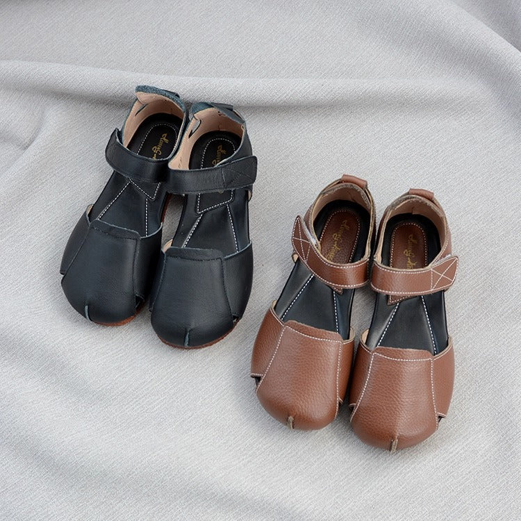 Women's Soft Leather Closed-Toe Velcro Sandals – Comfortable Flat Style