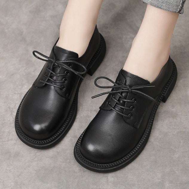 Women Flat Retro Genuine Leather Casual Loafers Lace-up Shoes