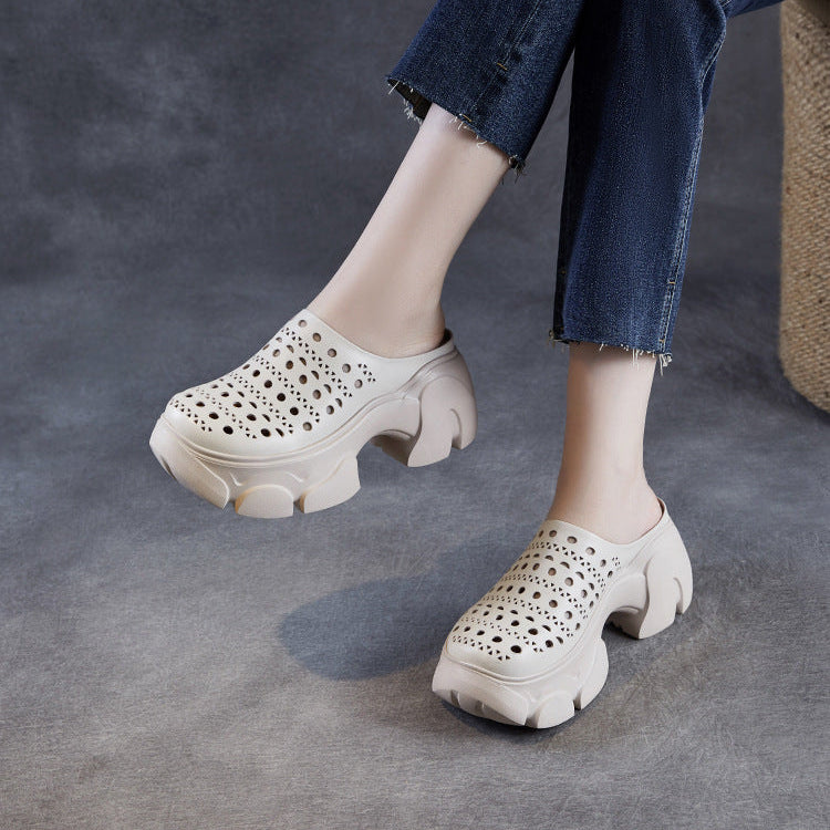 Women's Leather Platform Mules - Hollow Out Perforated Closed Round Toe Chunky Sandals Summer Slides