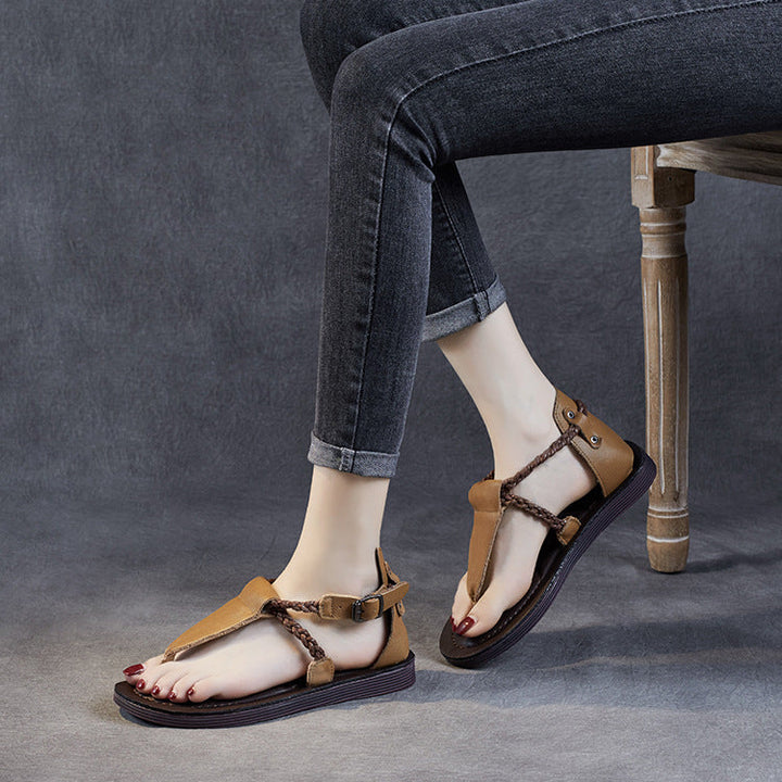 Women's Leather T-Strap Sandals - Vintage Braided Strappy Thong Flat Sandals Summer Buckle Slingback Shoes