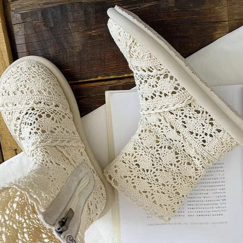 Women's Summer Literary Style Lace Side Zipper Wide Toe Box Short Boots