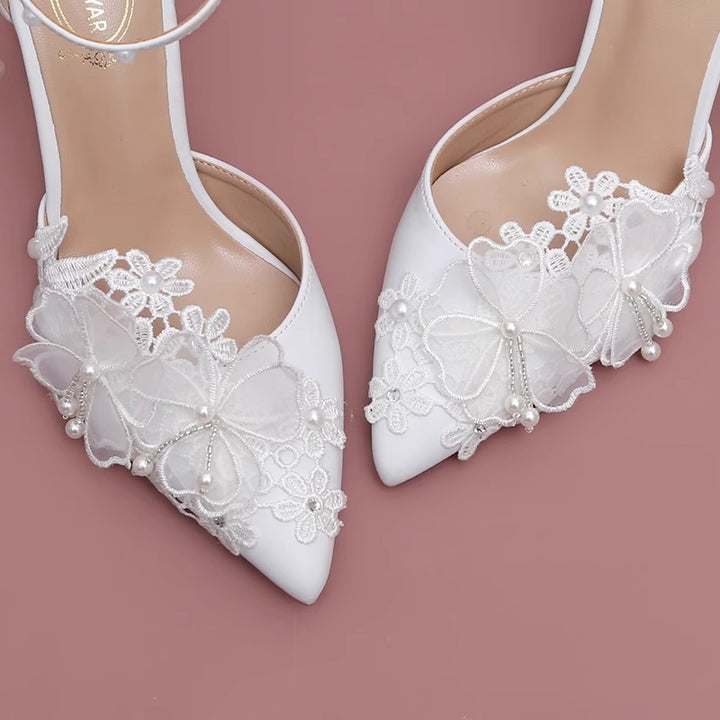 Elegant Pearl Lace Flower Wedding Shoes High Heels